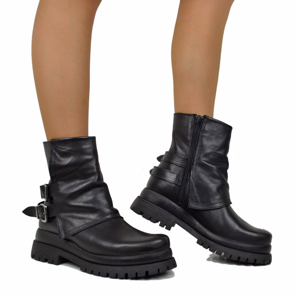 Biker Boots Platform con Ghetta e Zip Laterale Vera Pelle Neri - 4