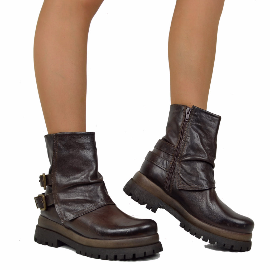 Biker Boots Platform with Gaiter and Side Zip Genuine Brown Leather - 4