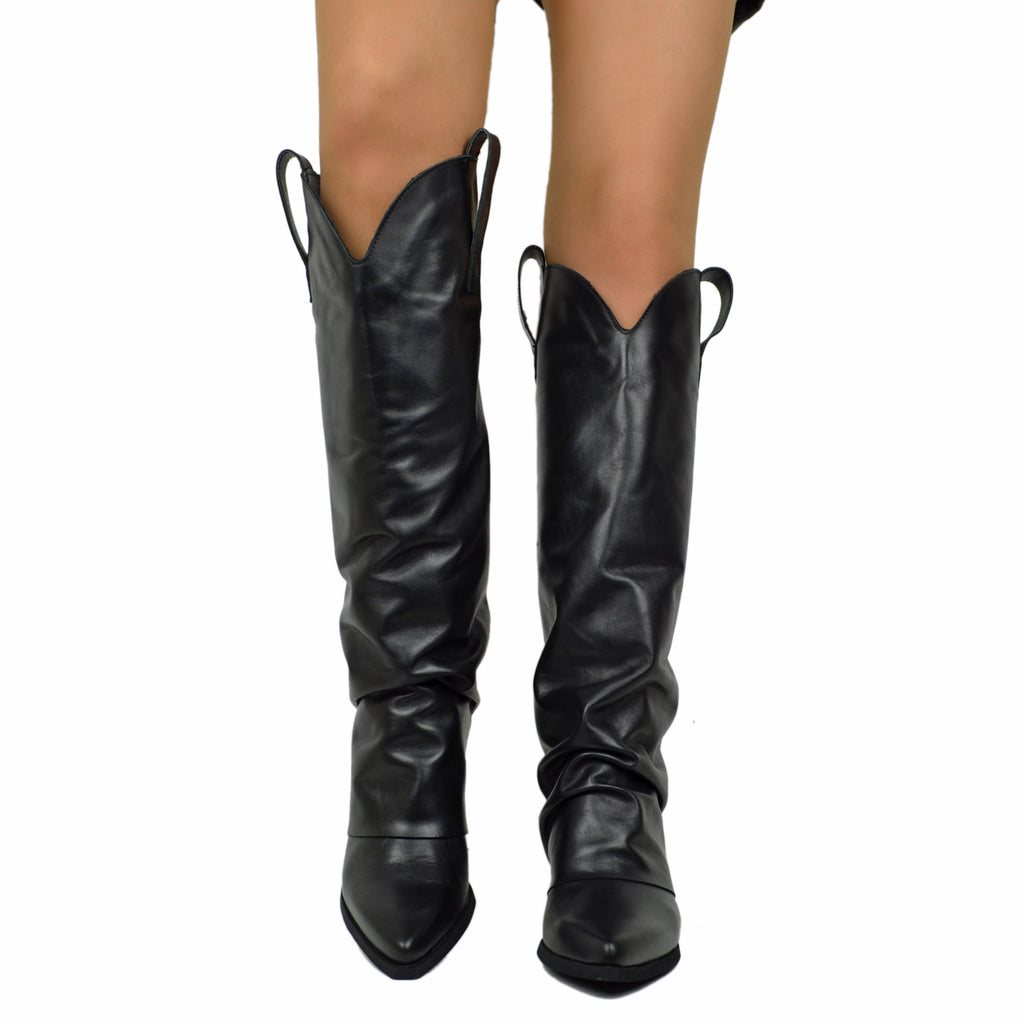 Schwarze Damen Texan Stiefel mit Gamasche aus Schwarz Leder hergestellt in Italien - 4