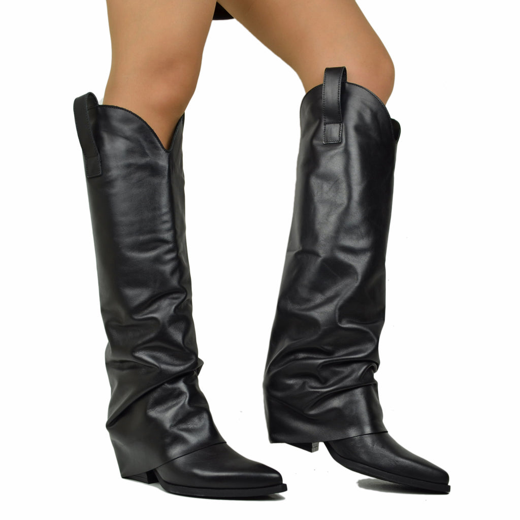 Schwarze Damen Texan Stiefel mit Gamasche aus Schwarz Leder hergestellt in Italien - 2