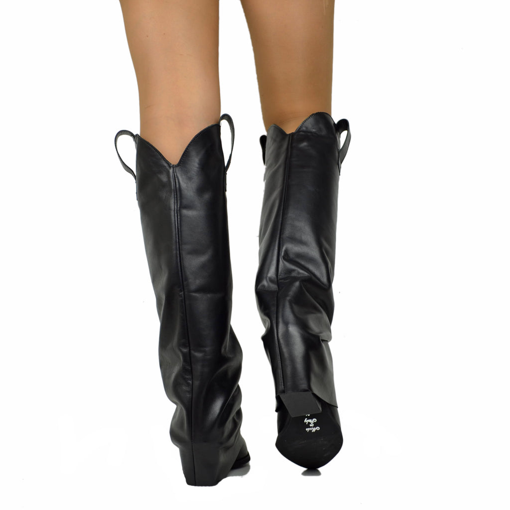 Schwarze Damen Texan Stiefel mit Gamasche aus Schwarz Leder hergestellt in Italien - 3