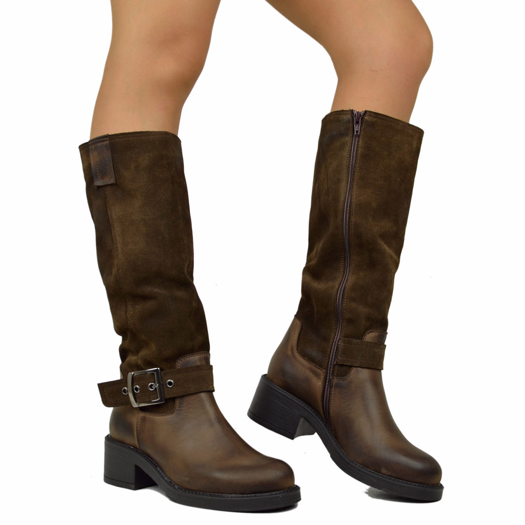 Tall biker boots in a sporty Police style, two-tone, made of leather and suede with a wide heel in brown - 4