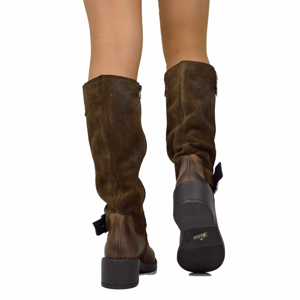 Tall biker boots in a sporty Police style, two-tone, made of leather and suede with a wide heel in brown - 5