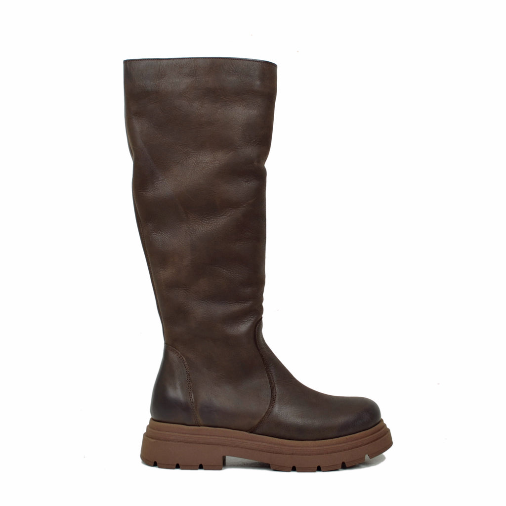 Biker Boots Platform Alti Gambale Aderente con Zip Pelle Marroni - 2