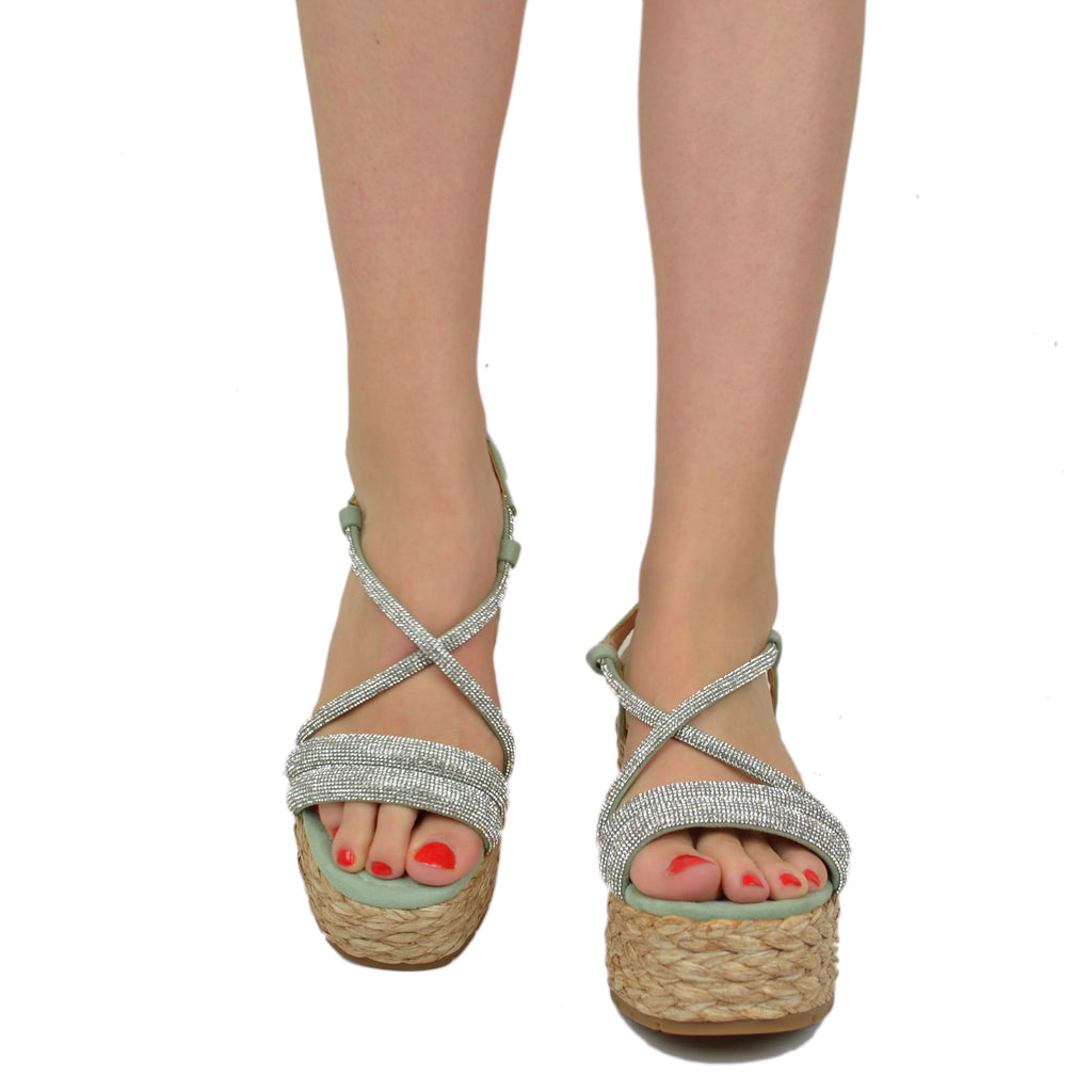 Women's Denim Sandals with Rhinestones and Platform Wedge - 4