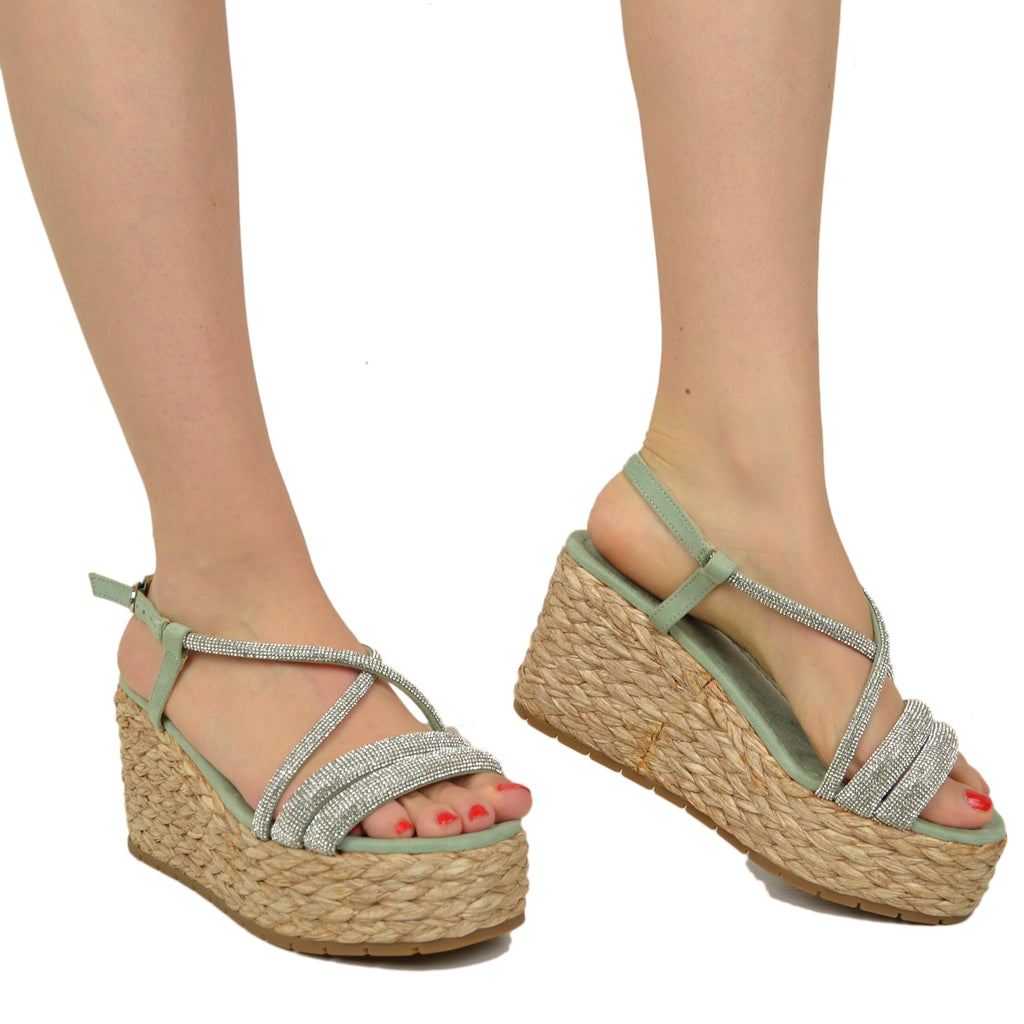 Women's Denim Sandals with Rhinestones and Platform Wedge - 3