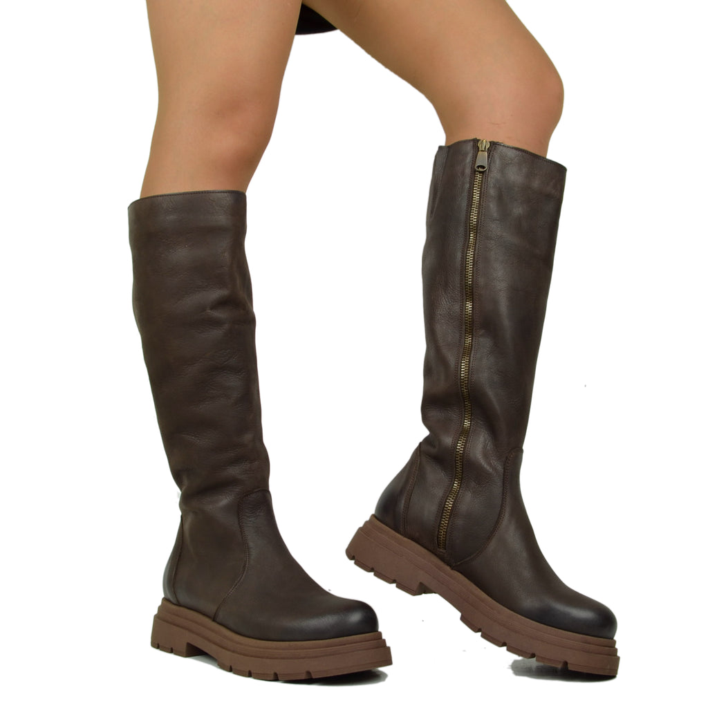 Biker Boots Platform Alti Gambale Aderente con Zip Pelle Marroni - 4