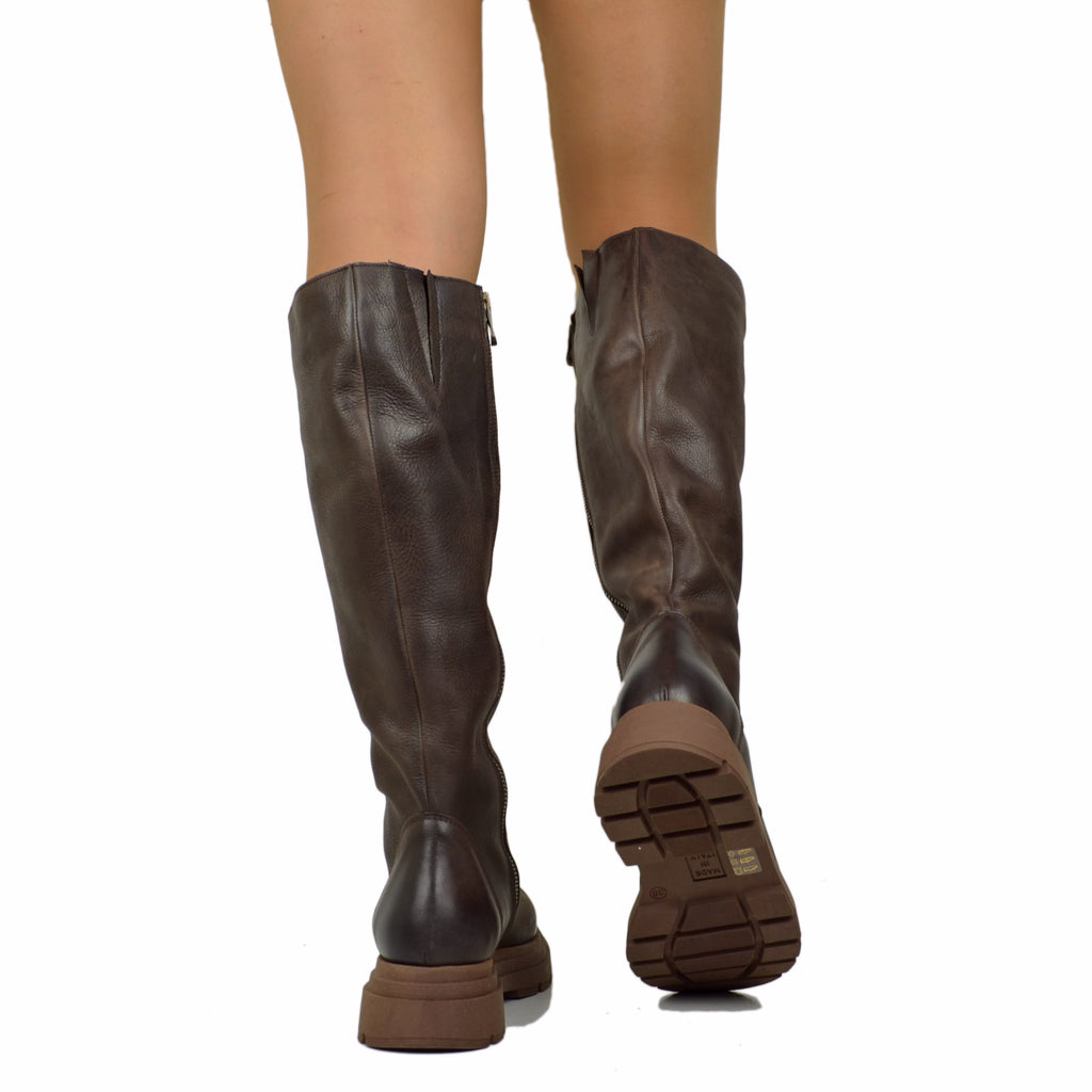 Biker Boots Platform Alti Gambale Aderente con Zip Pelle Marroni - 5