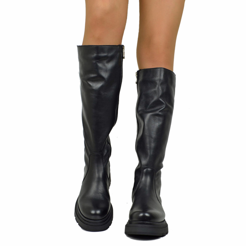 Biker Boots Platform High Tight Leg with Zip Black Leather - 3