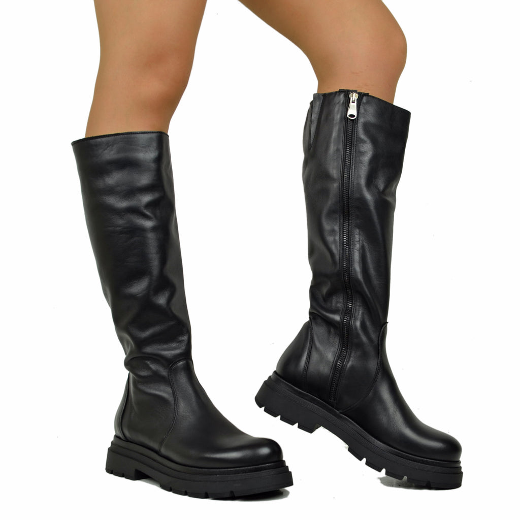 Biker Boots Platform High Tight Leg with Zip Black Leather - 4