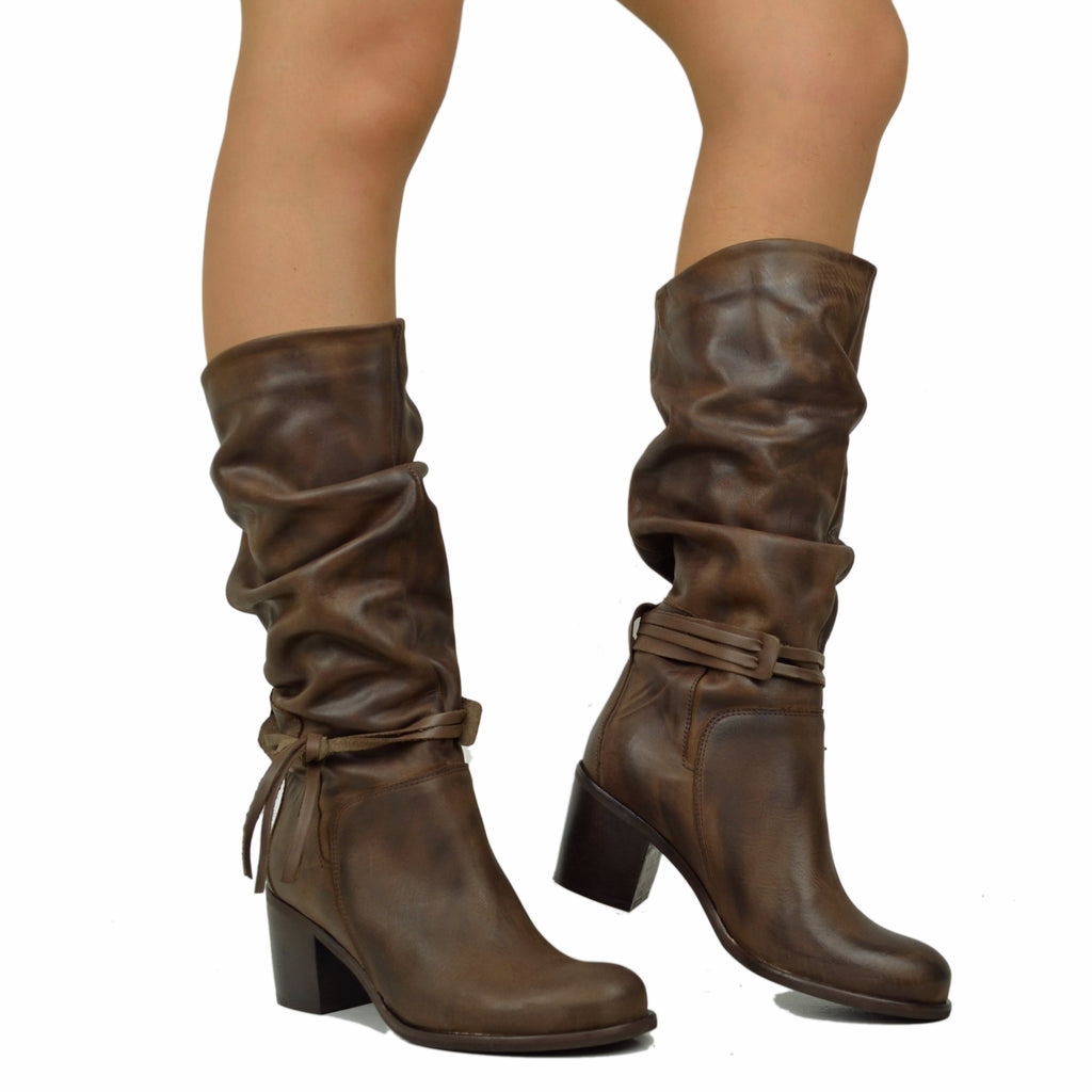 Mid-Height Boots Tapered and Pleated Shaft Brown Leather - 5