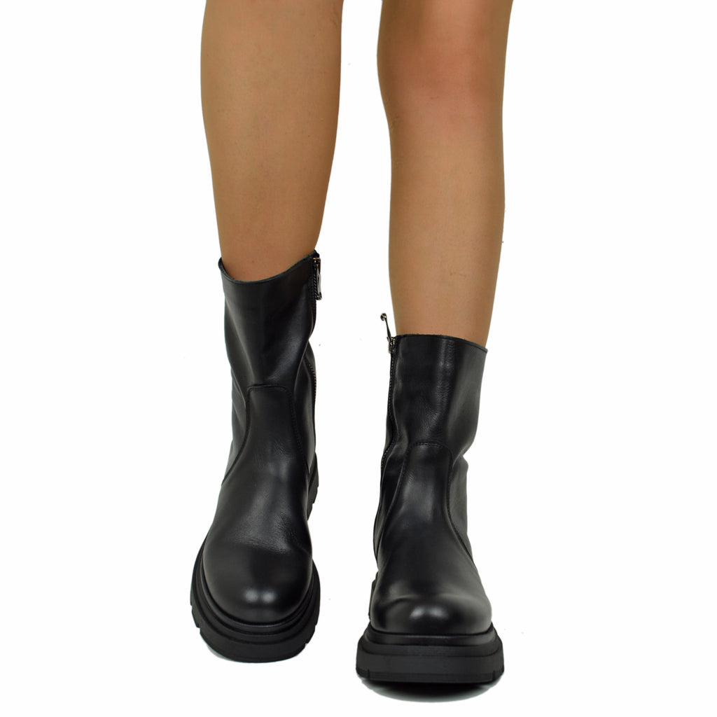 Biker Boots Platform Bassi Semplici Caviglia Stretta con Zip Neri - 2