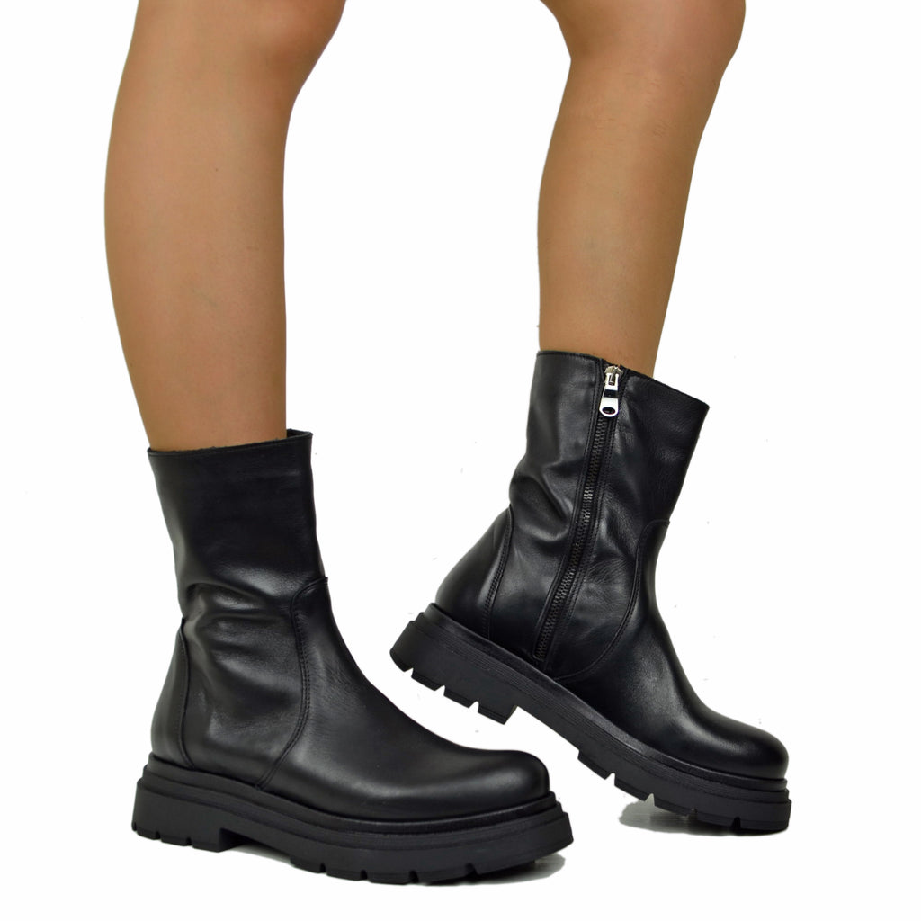 Biker Boots Platform Bassi Semplici Caviglia Stretta con Zip Neri - 3