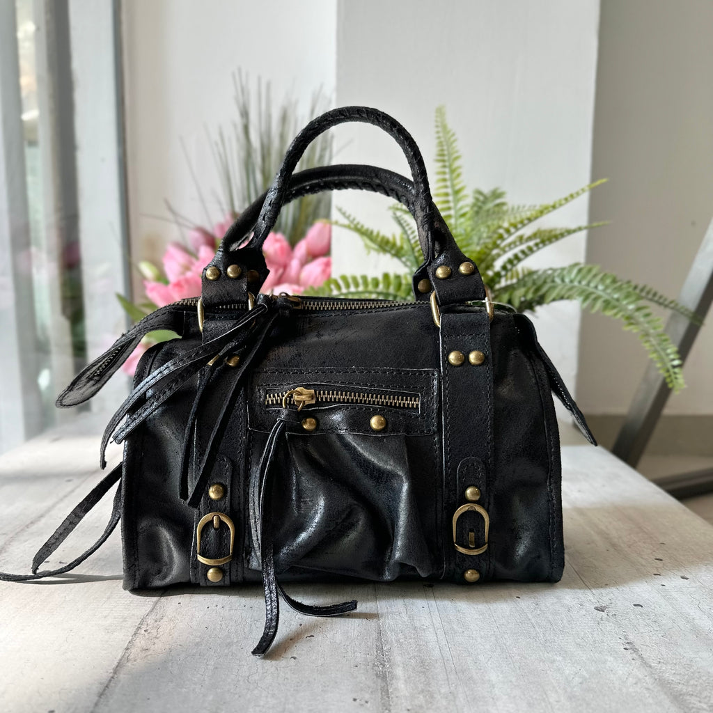 Mini Black Laminated Shoulder Bag with Genuine Leather Shoulder Strap