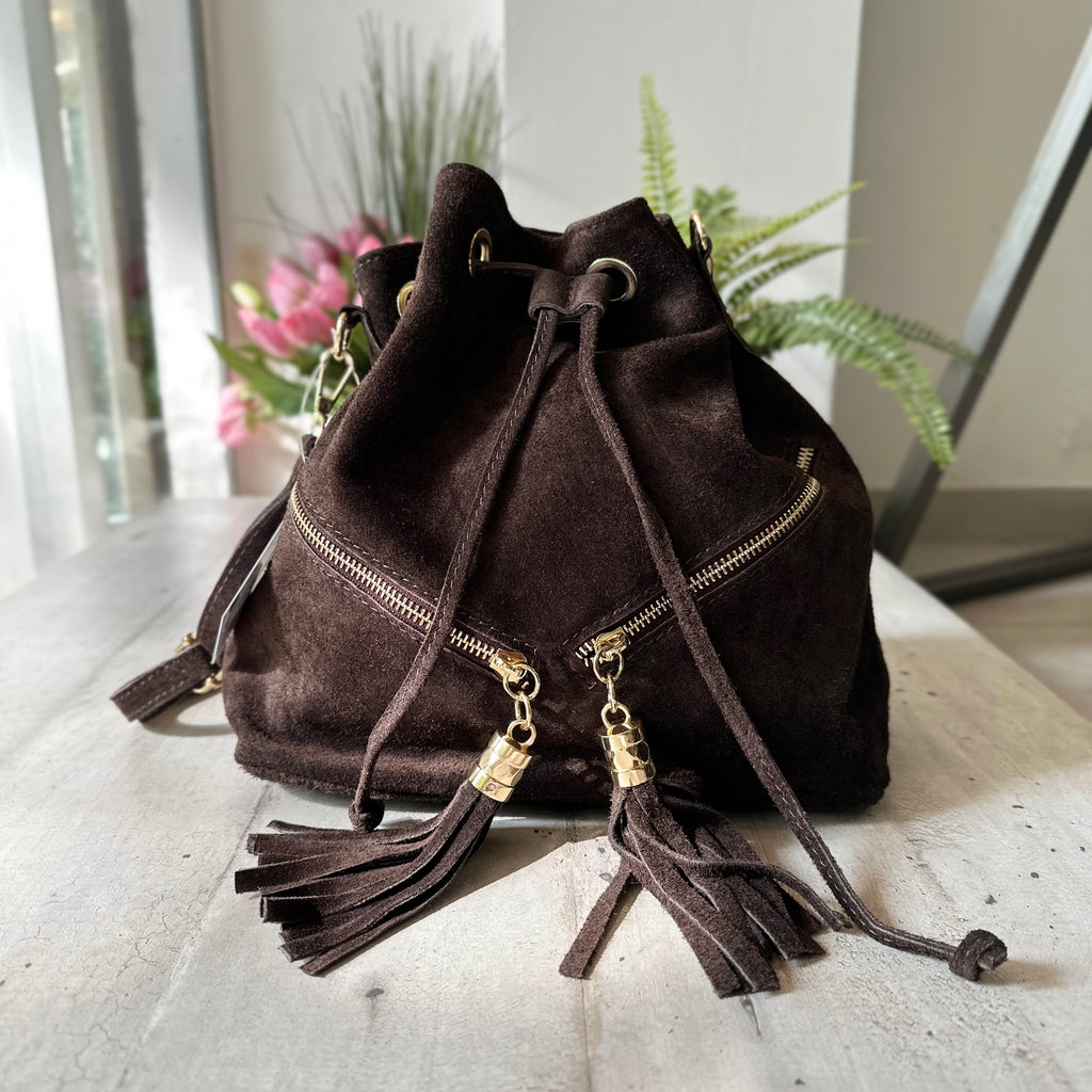 Bucket Bag with Black Tassels in Double Zip Suede