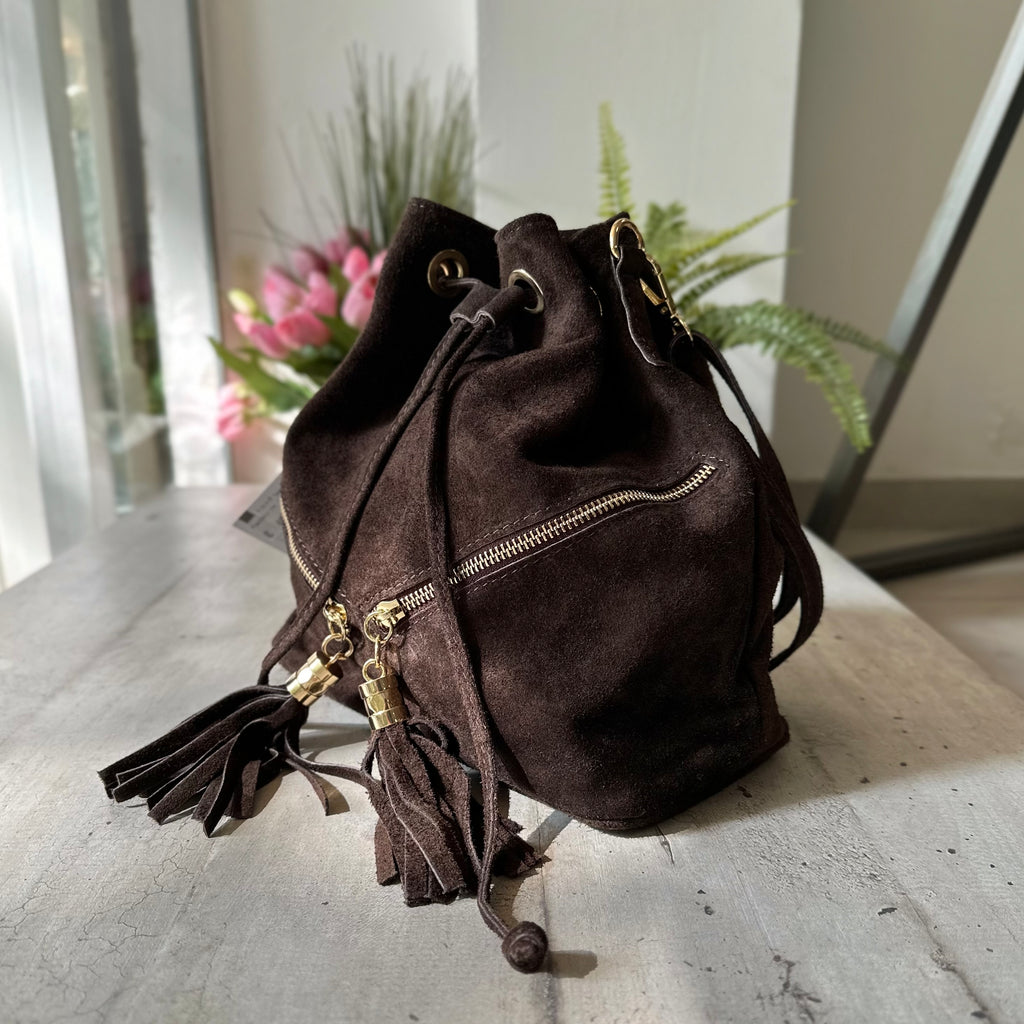 Bucket Bag with Black Tassels in Double Zip Suede - 2