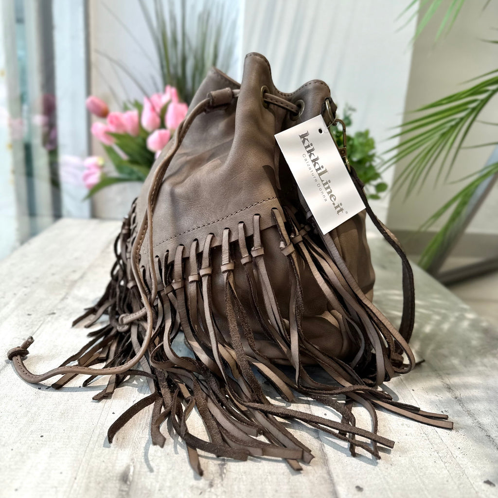 Bucket Bag with Taupe Fringes in Vintage Nubuck Leather - 2