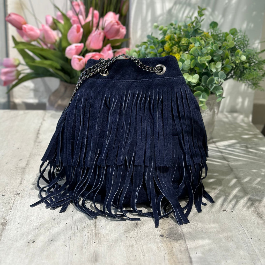 Bucket Bag with Dark Blue Fringes in Suede - 2
