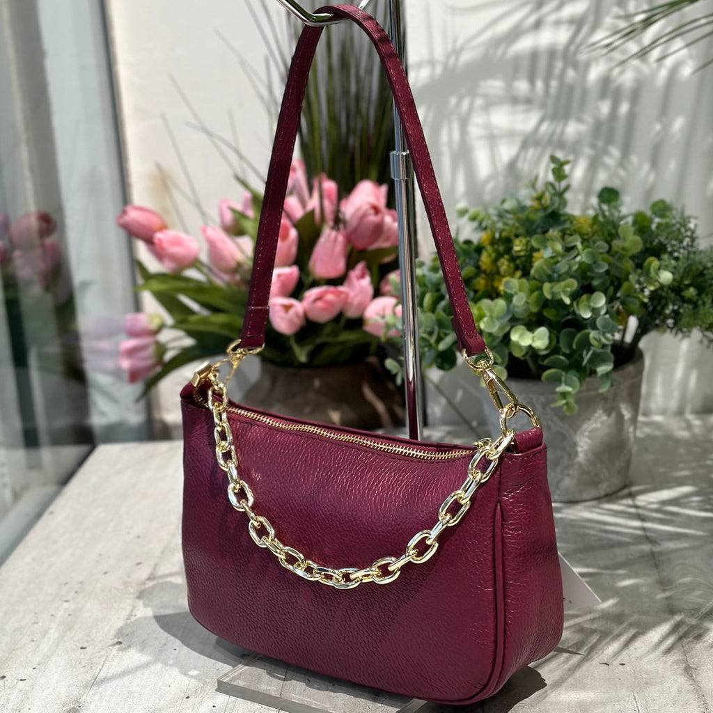 Classic Bordeaux Leather Bag with Shoulder Chain - 2