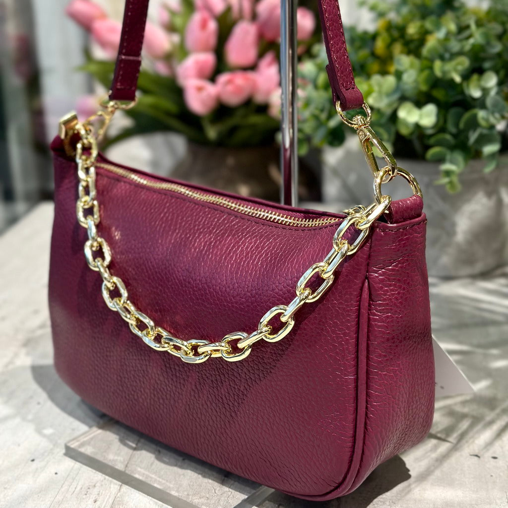 Classic Bordeaux Leather Bag with Shoulder Chain