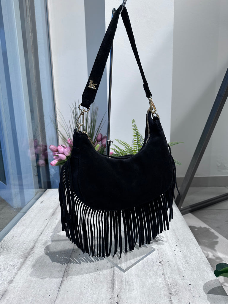 Borsa con Frange in Vera Pelle Scamosciata a Mezzaluna Nero ARYA - 3