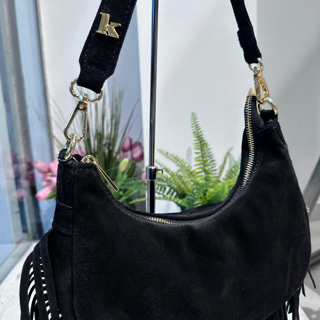 Borsa con Frange in Vera Pelle Scamosciata a Mezzaluna Nero ARYA - 2