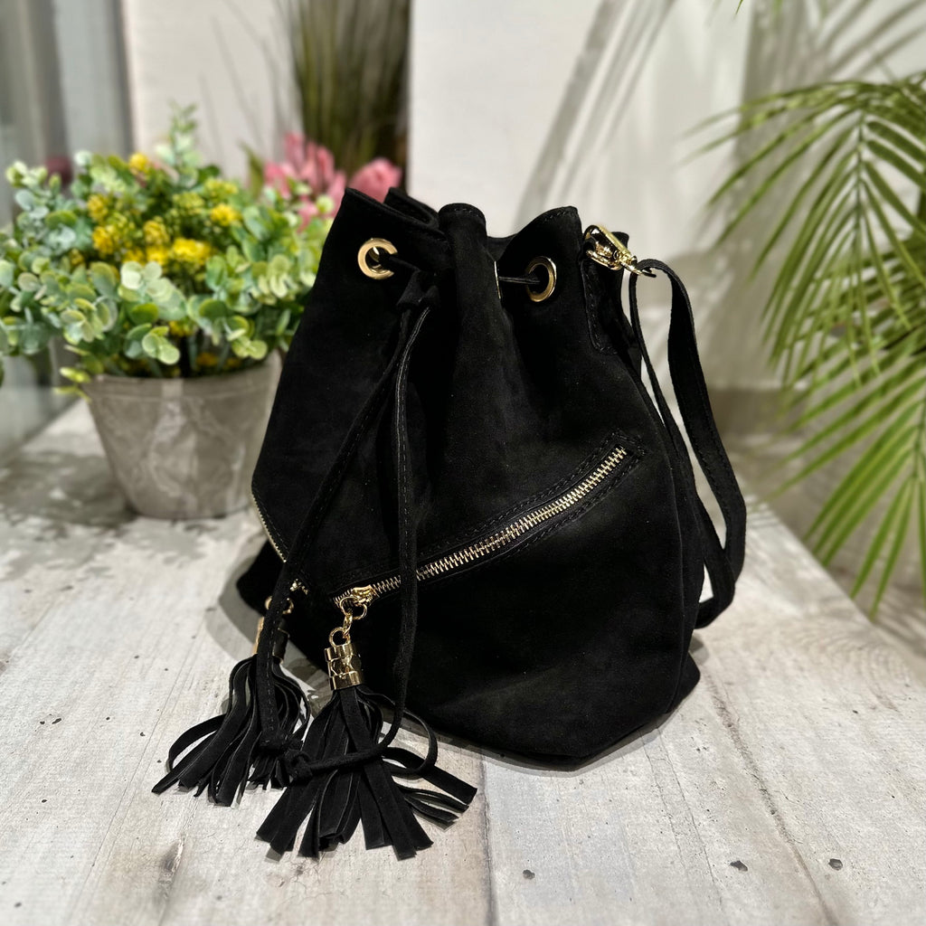 Bucket Bag with Black Tassels in Double Zip Suede - 3