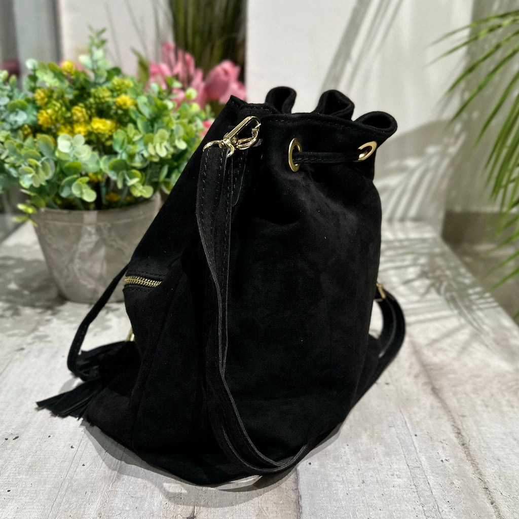 Bucket Bag with Black Tassels in Double Zip Suede - 4