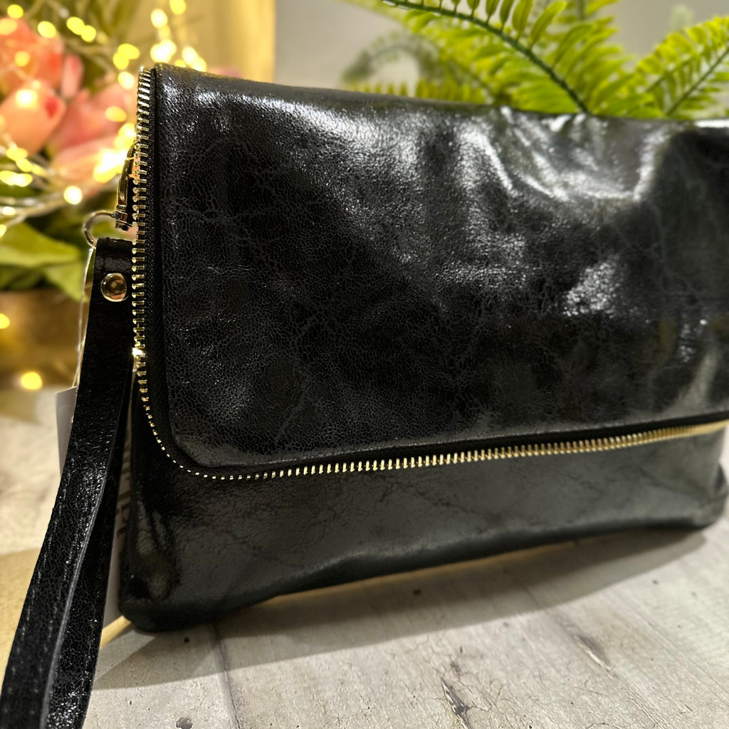 Clutch a Mano Borsa VERA PELLE effetto Vintage Nera GINEVRA tracolla all'interno - 2