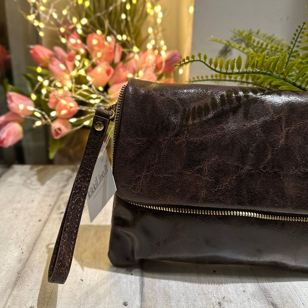 Clutch a Mano Borsa VERA PELLE effetto Vintage Marrone Scuro GINEVRA tracolla all'interno - 2