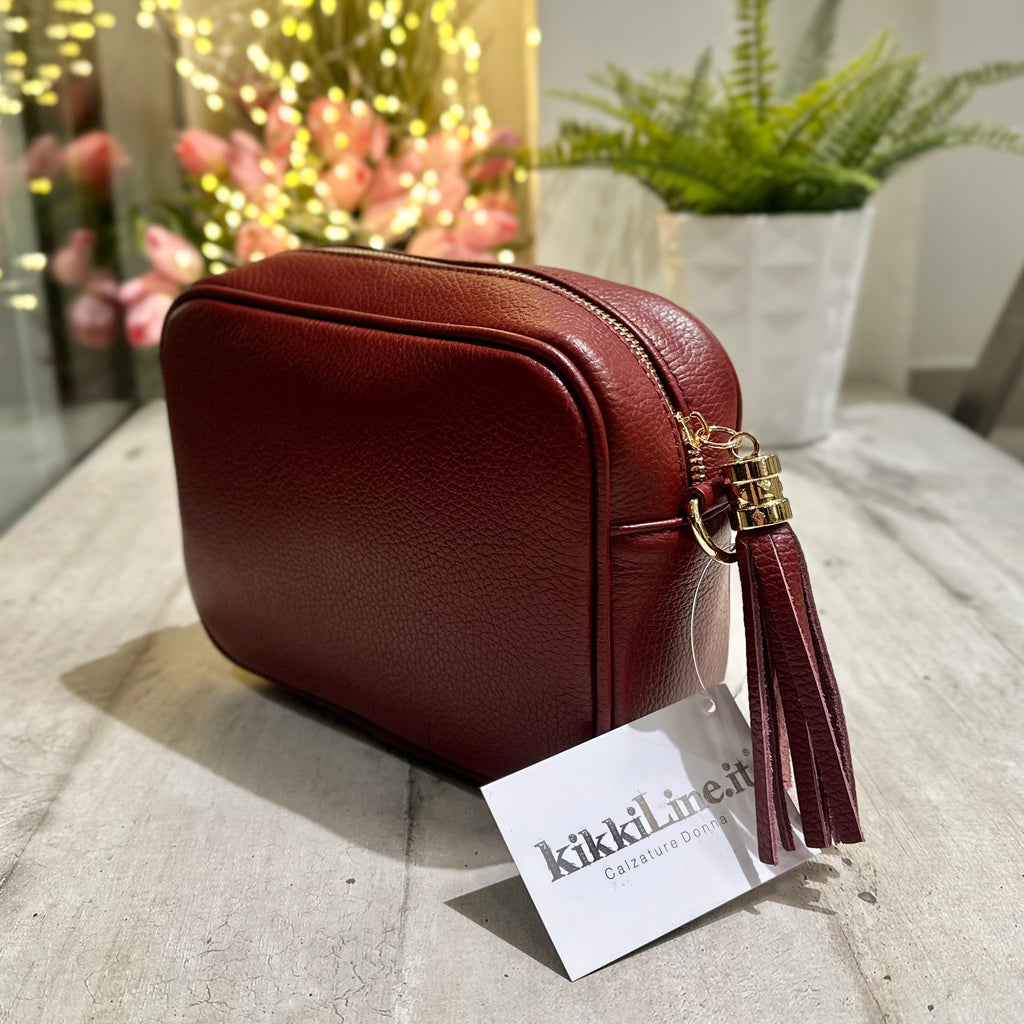 Borsa Quadrata con Nappina e Zip VERA PELLE Rosso Bordeaux con tracolla PAOLA - 3