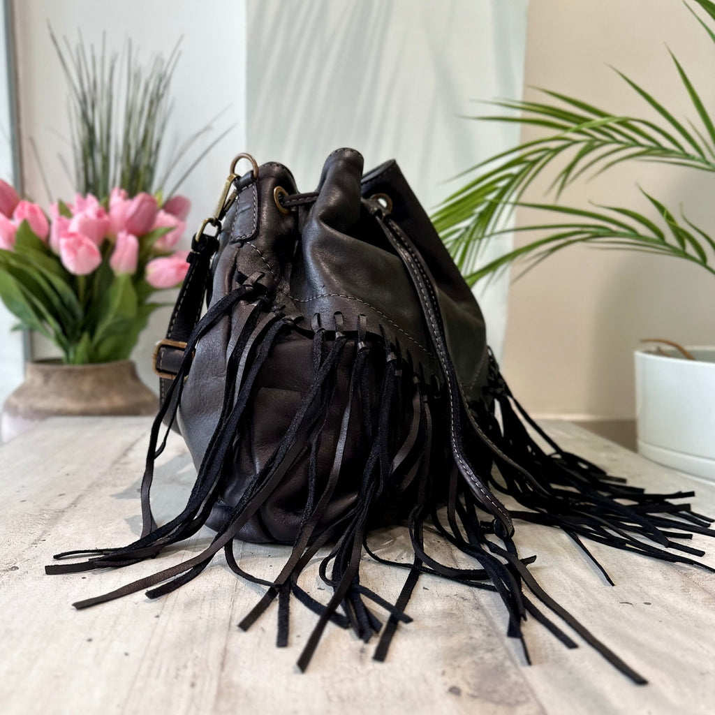 Bucket Bag with Black Fringes in Vintage Nubuck Leather - 3