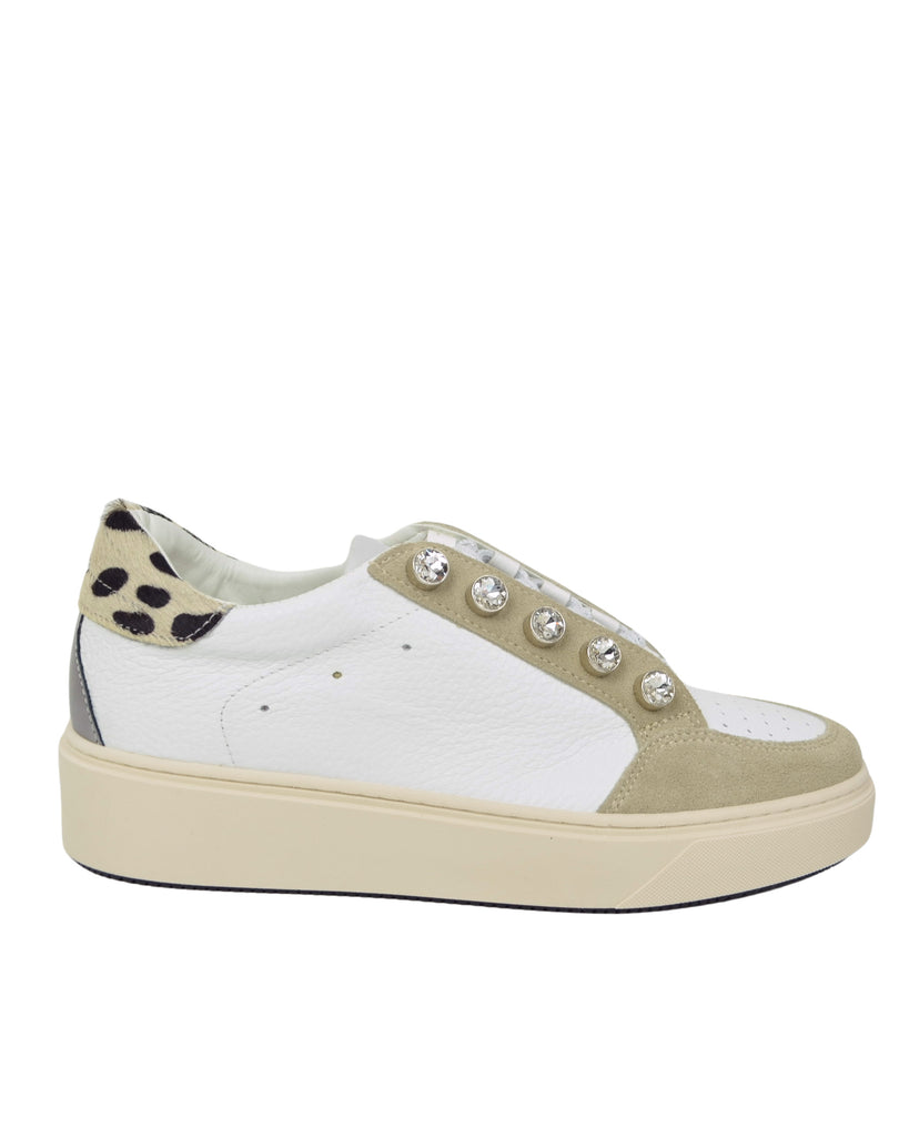 Leopard Print Sneakers with Rhinestone Buttons in Leather and Suede Beige - 2