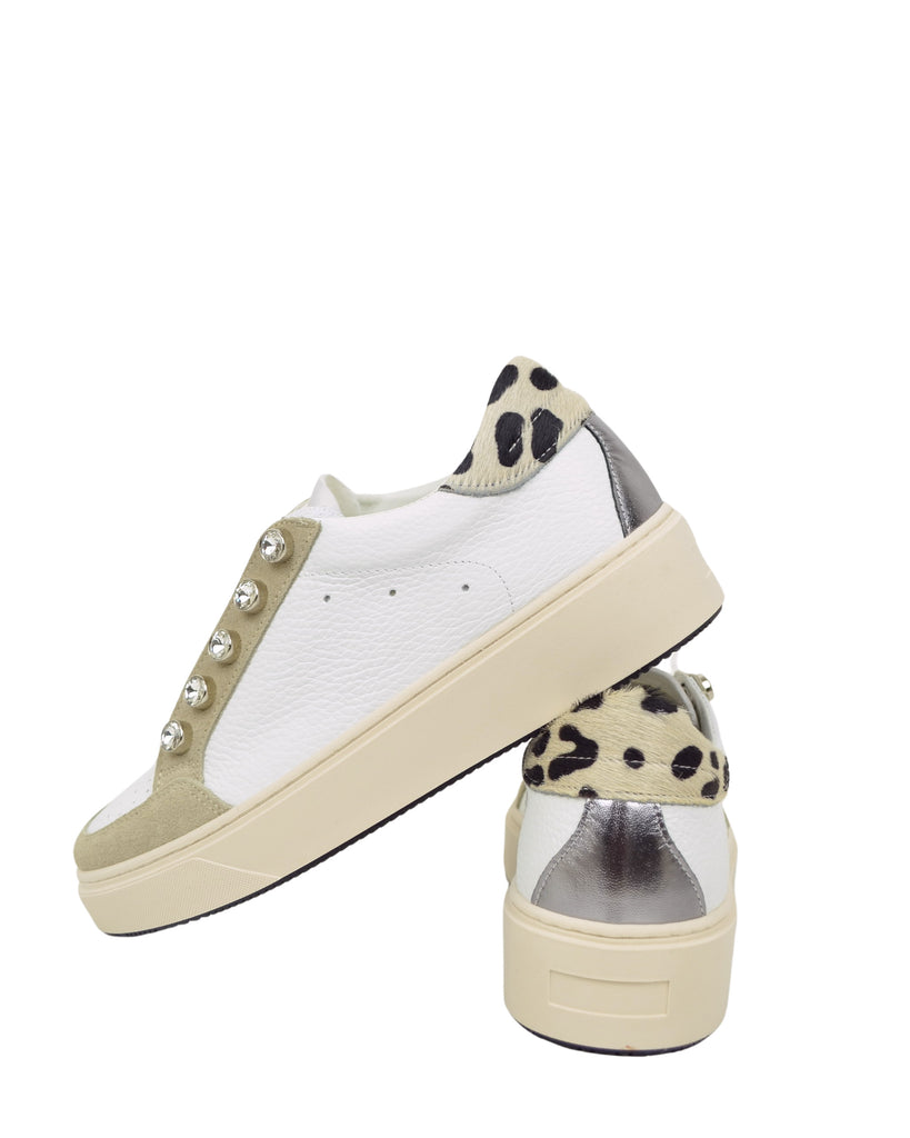 Leopard Print Sneakers with Rhinestone Buttons in Leather and Suede Beige - 3