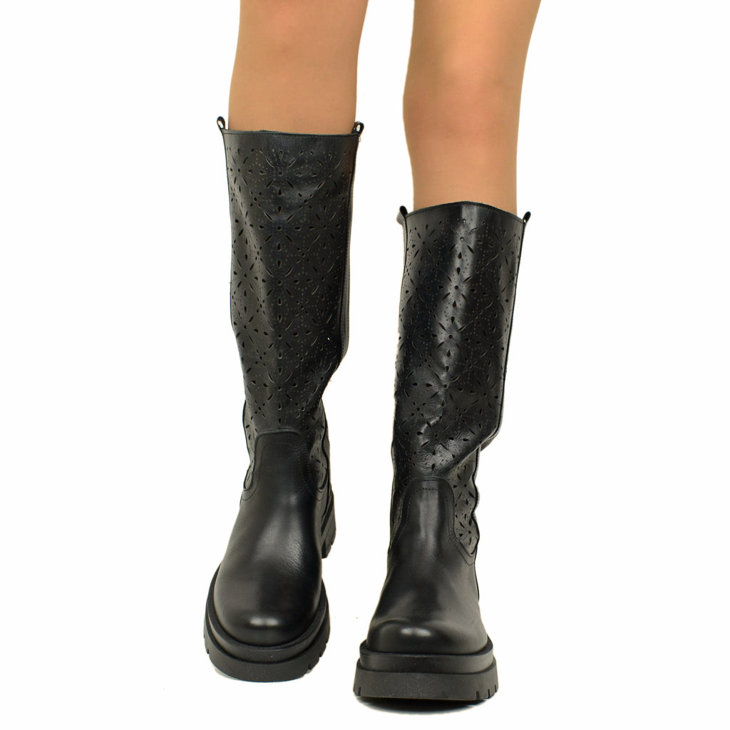 Women's Black Perforated Leather Boots with Platform Bottom - 4