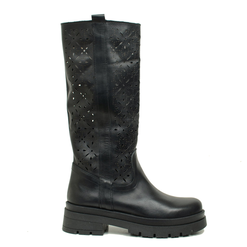 Women's Black Perforated Leather Boots with Platform Bottom - 6