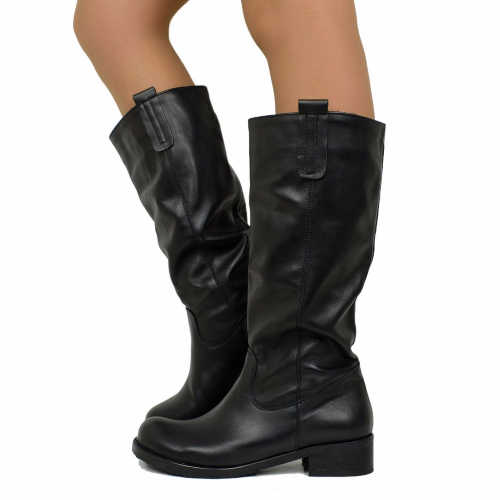 Women's Black Biker Boots in Vintage Nubuck Leather Made in Italy