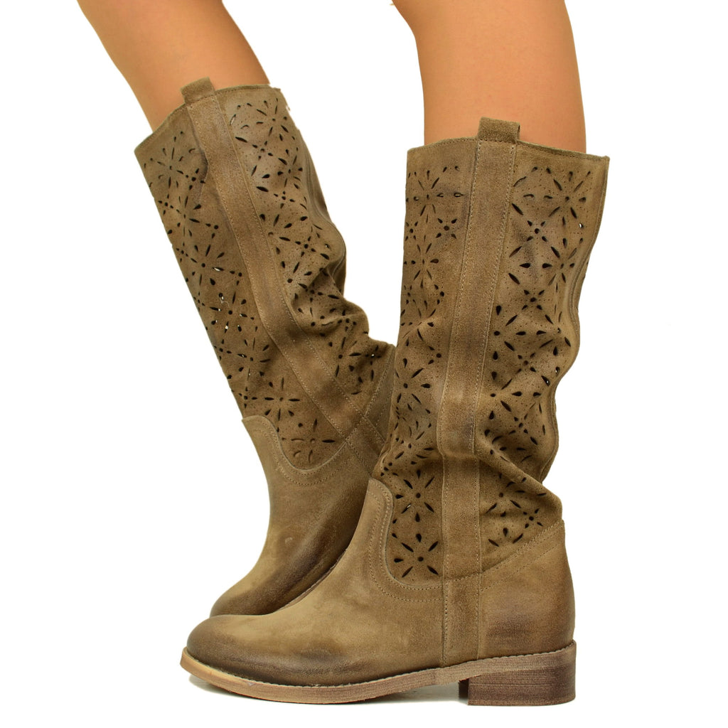 Camperos Women's Boots Perforated Taupe in Suede Leather