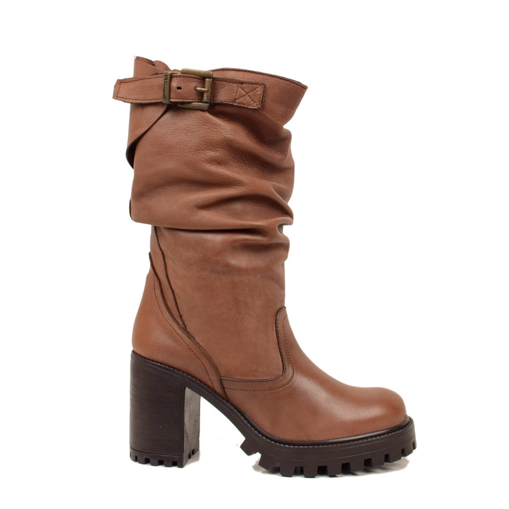 Women's Boots in Tan Leather with High Heel Made in Italy - 2