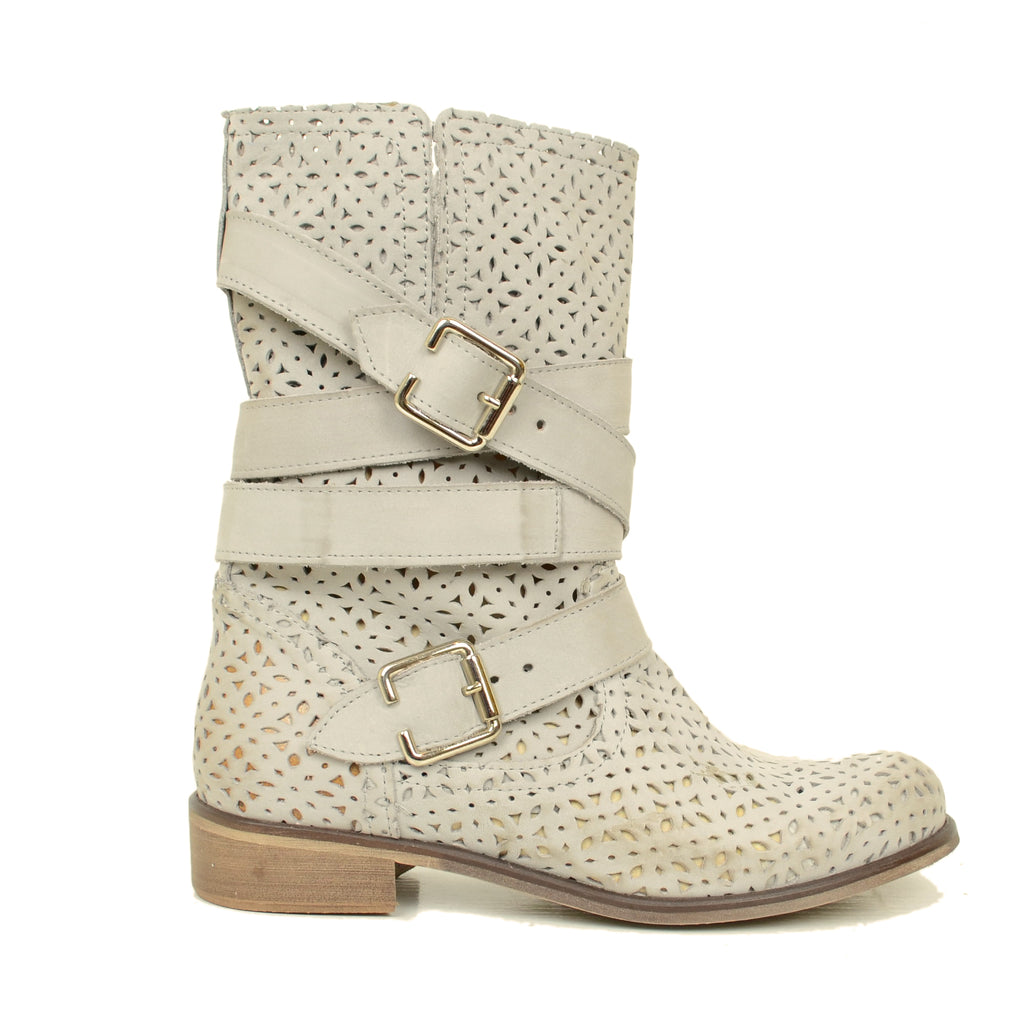 Biker Boots Stivaletti Traforati in Pelle Nabuk Perla - 2