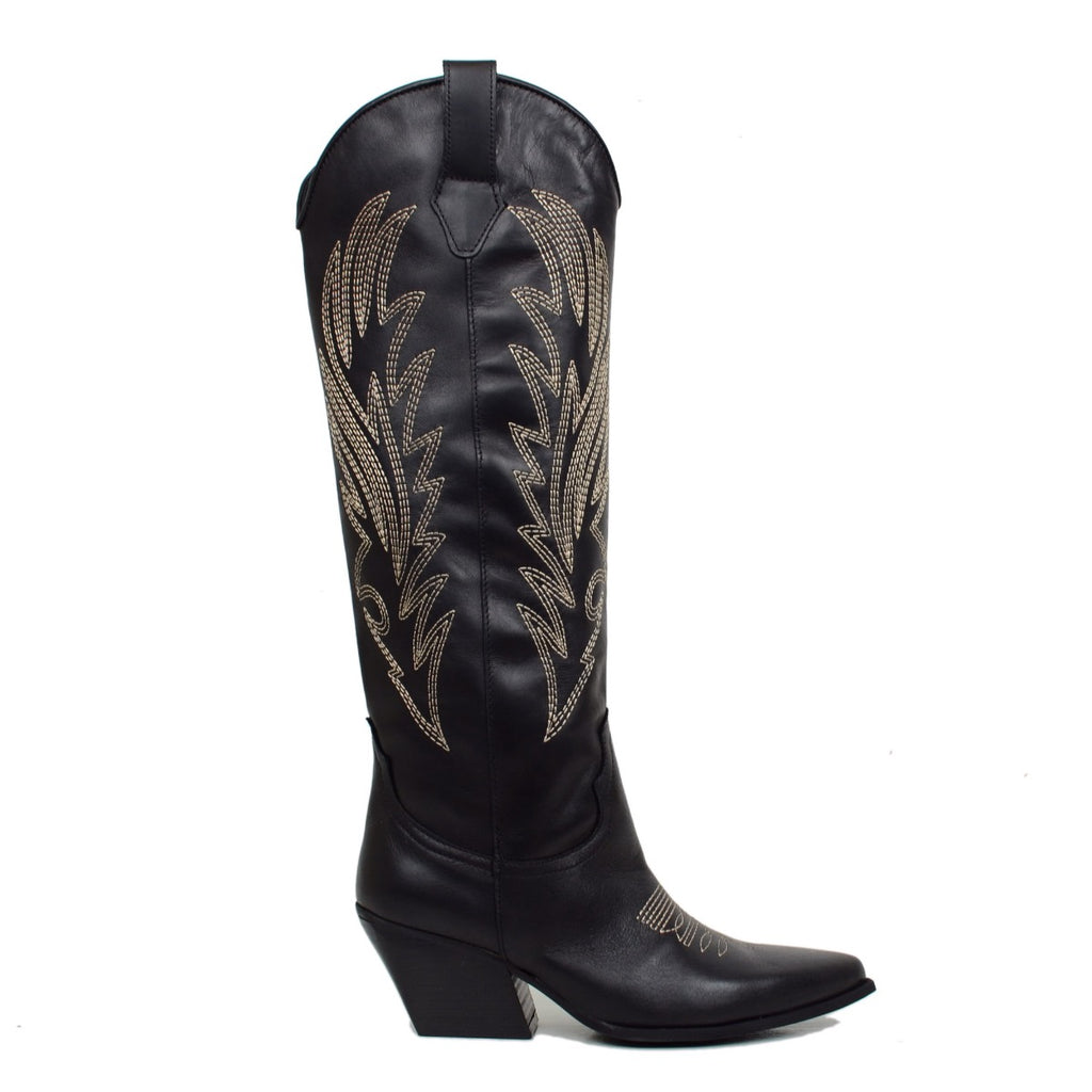 Black Leather Texan Boots with Stitching Made in Italy - 2