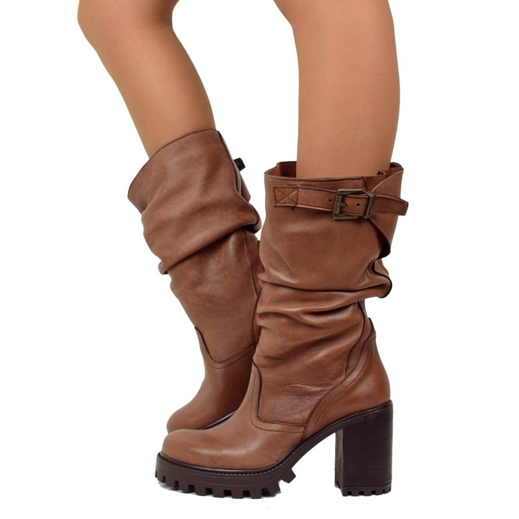 Women's Boots in Tan Leather with High Heel Made in Italy