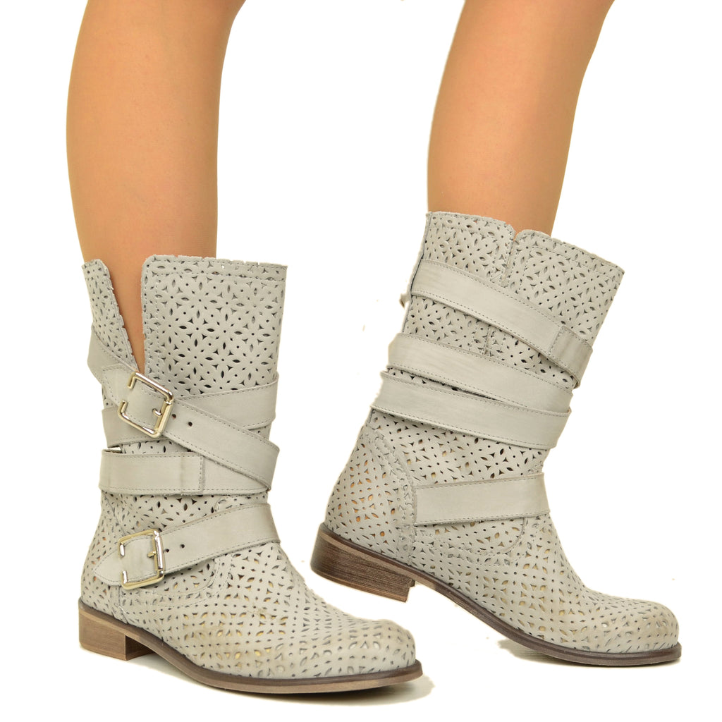 Biker Boots Stivaletti Traforati in Pelle Nabuk Perla - 5