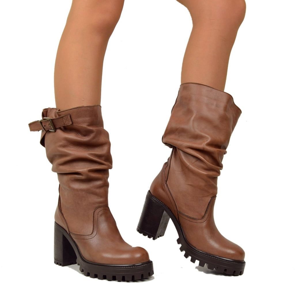 Women's Boots in Tan Leather with High Heel Made in Italy - 4
