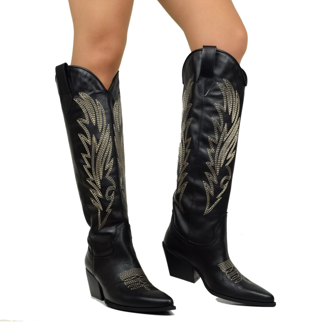 Black Leather Texan Boots with Stitching Made in Italy - 4