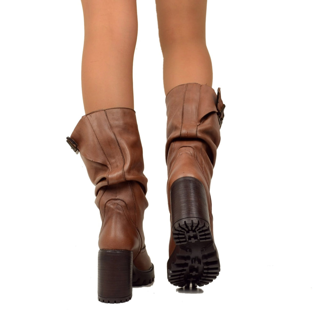 Women's Boots in Tan Leather with High Heel Made in Italy - 5