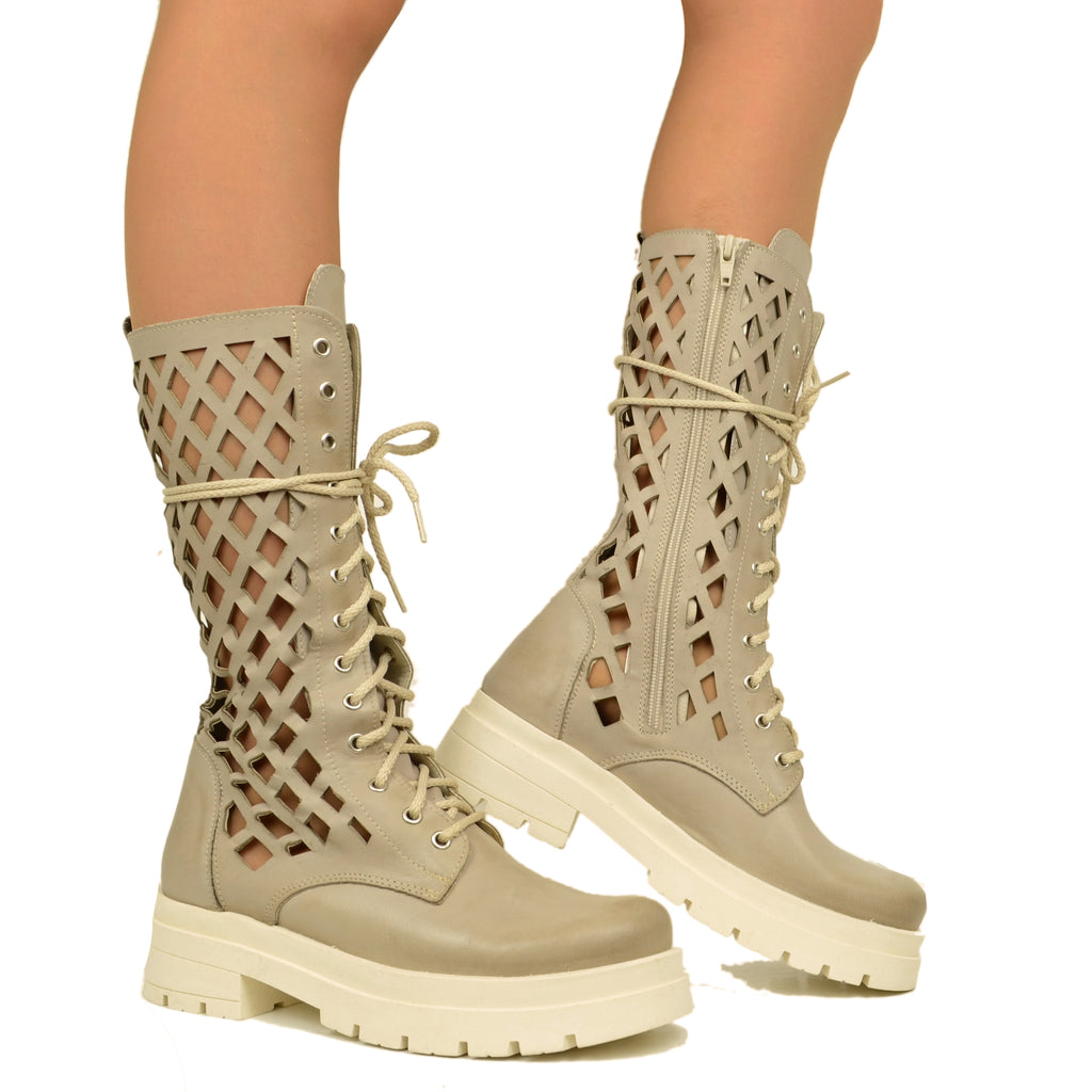 Perforated Women's Biker Boots in Beige Leather Made in Italy - 4