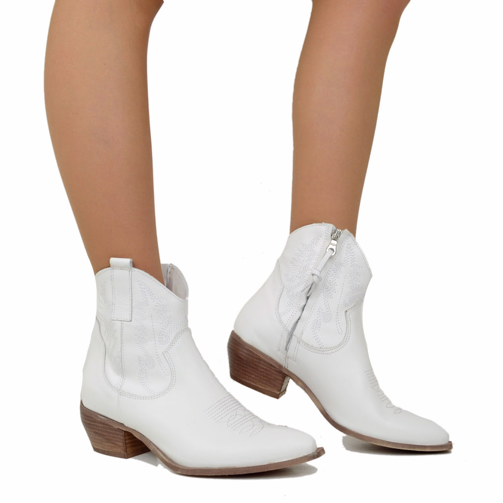 Women's White Leather Texan Ankle Boots Made in Italy - 3