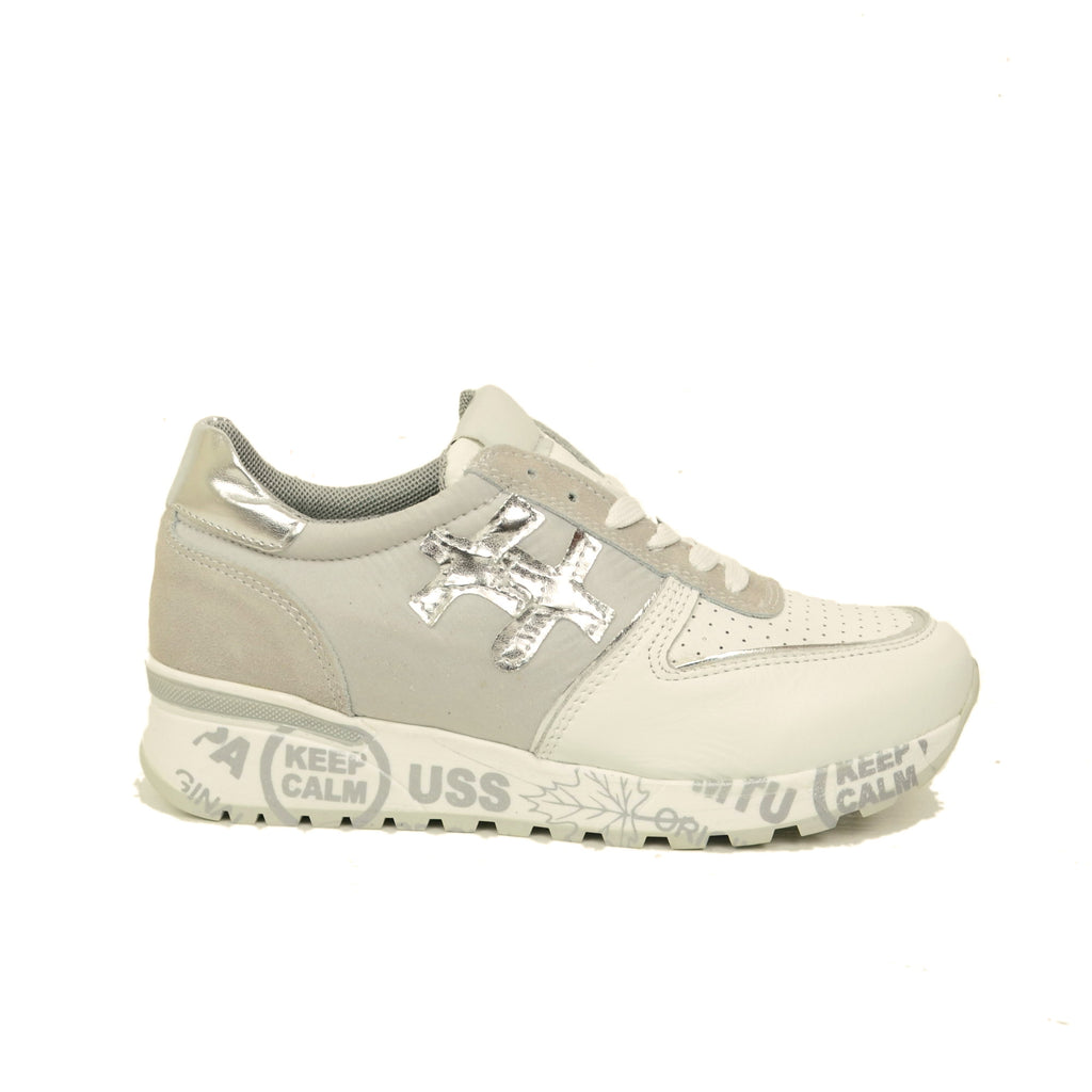 Sneakers Donna Made in Italy in Pelle Bianca e Tessuto Grigio - 2