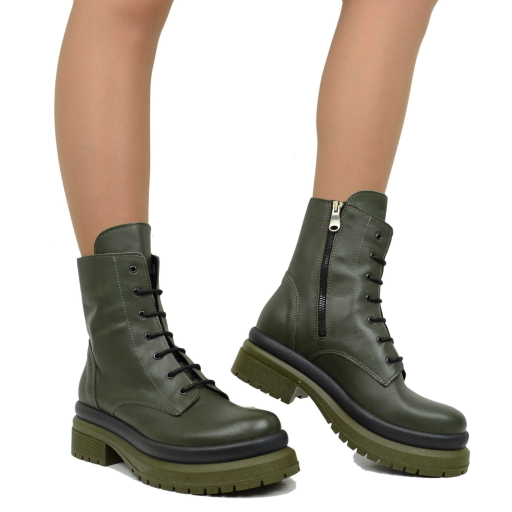 Women's Ankle Boots Biker Green Leather Made in Italy - 4